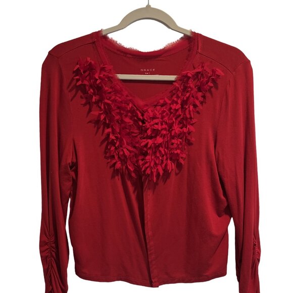 Grace Sweater Womens Large Red Ruffle Long cinched sleeve Spandex Rayon soft - Picture 2 of 9